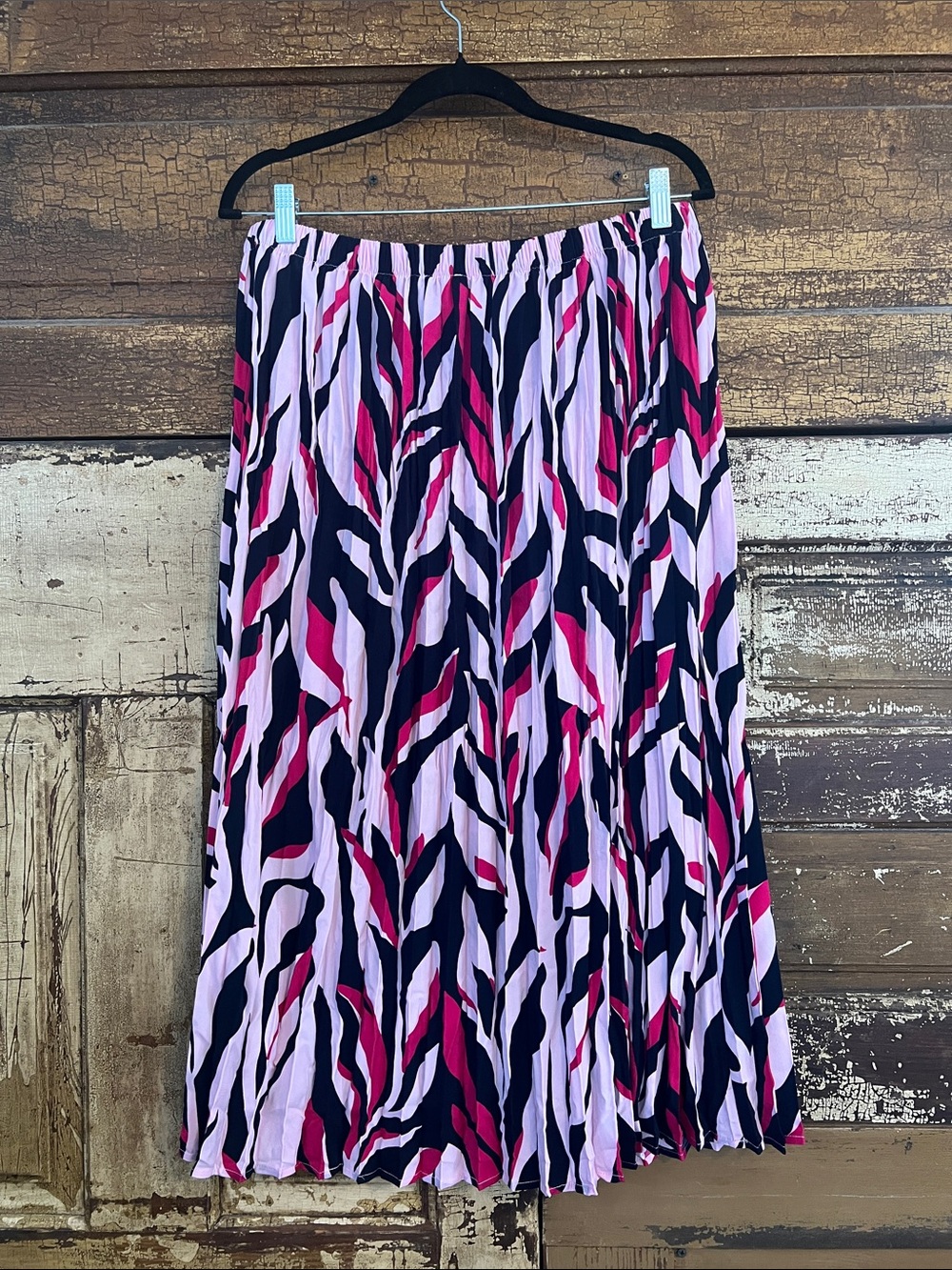 Abstract Print Pleated Midi Skirt Pink Navy White Elastic Waist